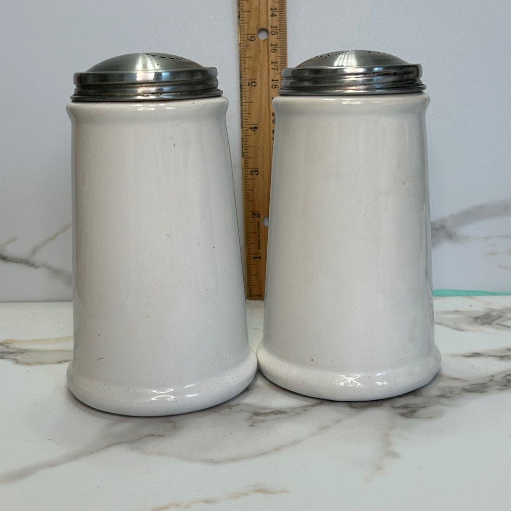 Royal Cuisine China Salt and Pepper Shakers White Ceramic Stainless Steel Lids - Picture 4 of 9